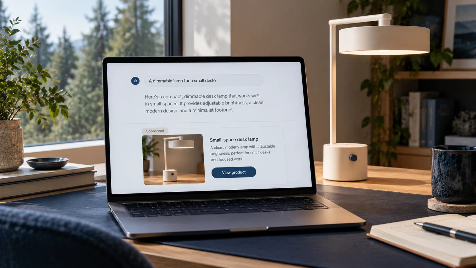A laptop beside the lamp displays an original conversational interface with a sponsored product placement.